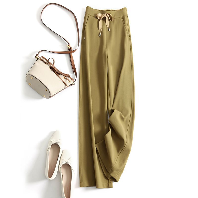 Women's Clothing Plaid Temperament Commuting Beltless High Waist Drawstring Loose Yellow Trousers Wide Leg Pants_voghion.com