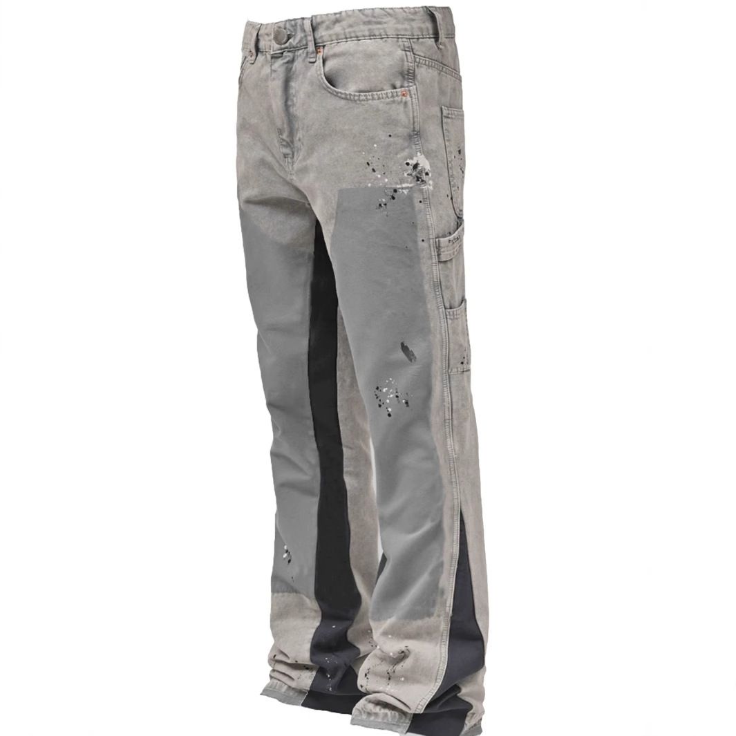Pantalones vaqueros de trabajo de estilo europeo y americano para hombre, con parches elásticos y capas acampanadas._voghion.com