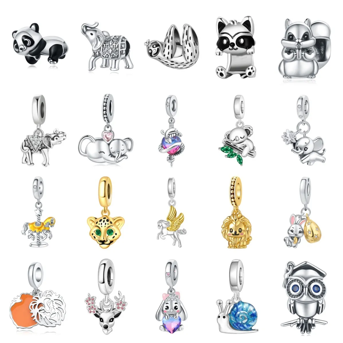 Women's Jewelry Animal Elephant Rabbit Leopard Lion Charm Pendant Beads Jewelry With Bracelet Pieces White Copper Plated Silver_voghion.com