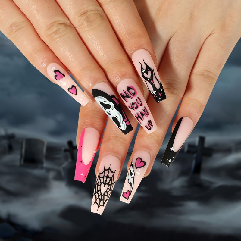 24 Stuks Halloween Kunstnagels Lange Ballet Nep Nagels Met Ghost Spinneweb Ontwerp Roze Franse Doodskist Volledige Cover Pres_voghion.com