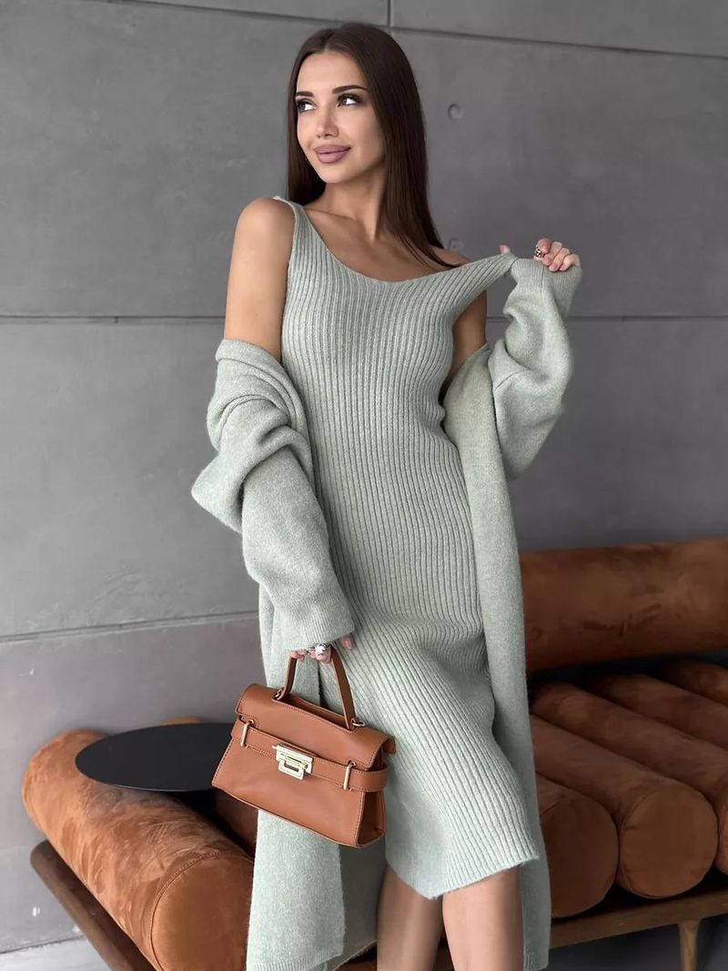 Knitted dress new fashion women's knitted sleeved cardigan long style two-piece package hip skirt_voghion.com