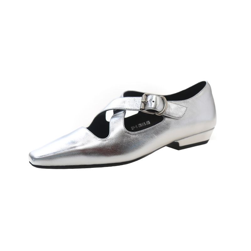 Top Layer Cowhide Small Toe Cross Strap Women's Leather 2024 Summer New Flat Square Heel Textured Single Shoes_voghion.com