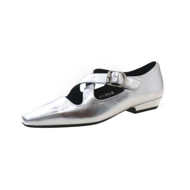 Top Layer Cowhide Small Toe Cross Strap Women's Leather 2024 Summer New Flat Square Heel Textured Single Shoes_voghion.com