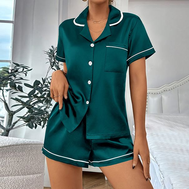 Damen Nachtwäsche Sommer Dünner Lässiger Pyjama Damen Seide Weiche Doppelte Kurze Revers Mädchen Heimkleidung_voghion.com