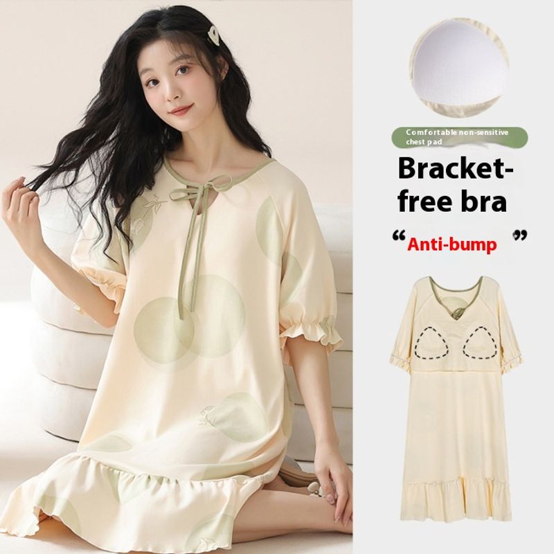 Pijamale pure pentru femei cu pernuțe la piept, cu mâneci scurte. Rochie de dormit simplă și casual din bumbac de vară pentru maternitate, care poate fi purtată._voghion.com