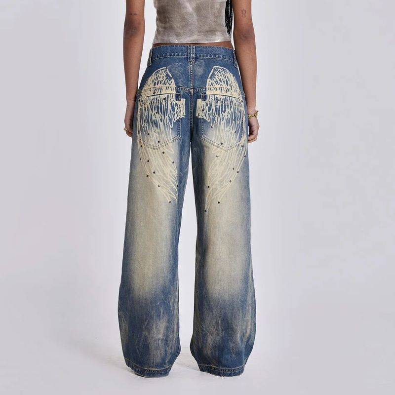 Women's Clothing Angel Wings Printed Gradient Jeans For Women Y2k Retro Fashion Brand Washed Wide Leg Mopping Trousers_voghion.com