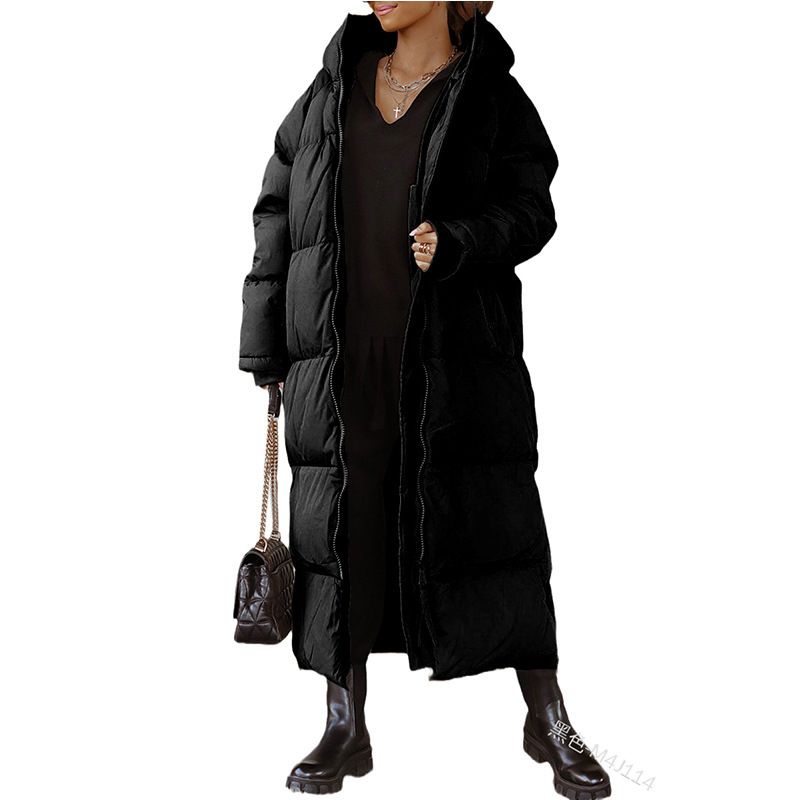 Manteau long à capuche pour femmes, couleur unie, rembourré en coton, mode décontracté, fermeture éclair, manteau à manches longues_voghion.com