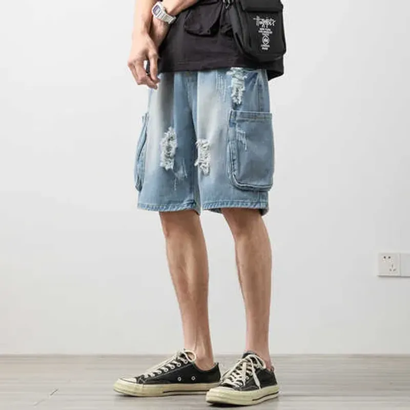 Men's Mens Blue Jeans Shorts with Side Oversize Pockets for 2021 Fashion Punk Style Ripped Hole Clothing Teens Short_voghion.com