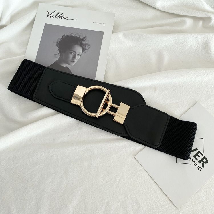 VROČ nov dizajn pasu tesnilo za ženske velik zlat pas zaponka modni široki elastični pasovi VROČI črno-bež pasovi za obleko_voghion.com