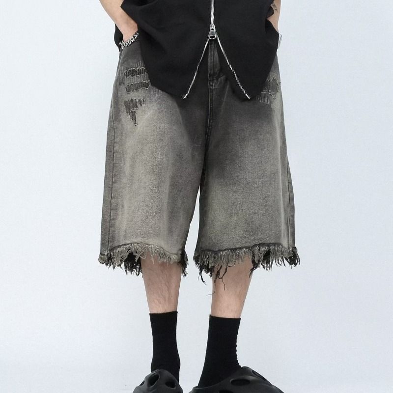 Men's Clothing Mid Rise Distressed Zipper Washed Jeans Loose Straight Half Length Pants_voghion.com