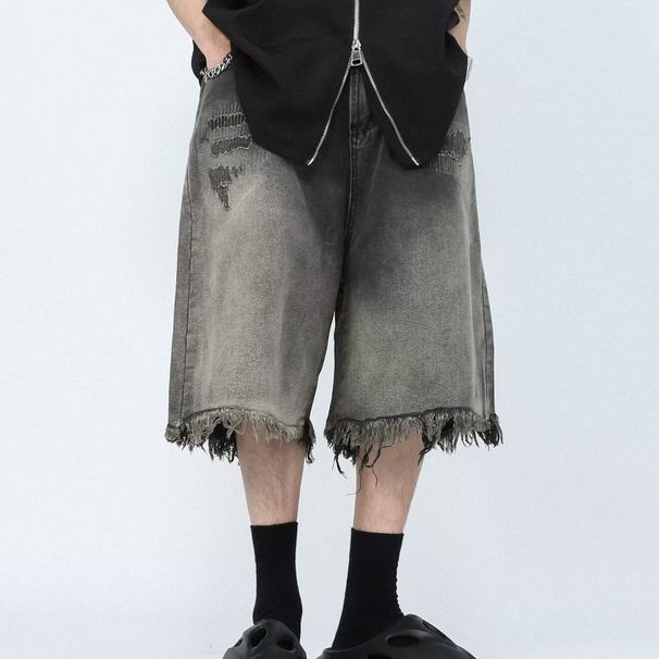 Men's Clothing Mid Rise Distressed Zipper Washed Jeans Loose Straight Half Length Pants_voghion.com