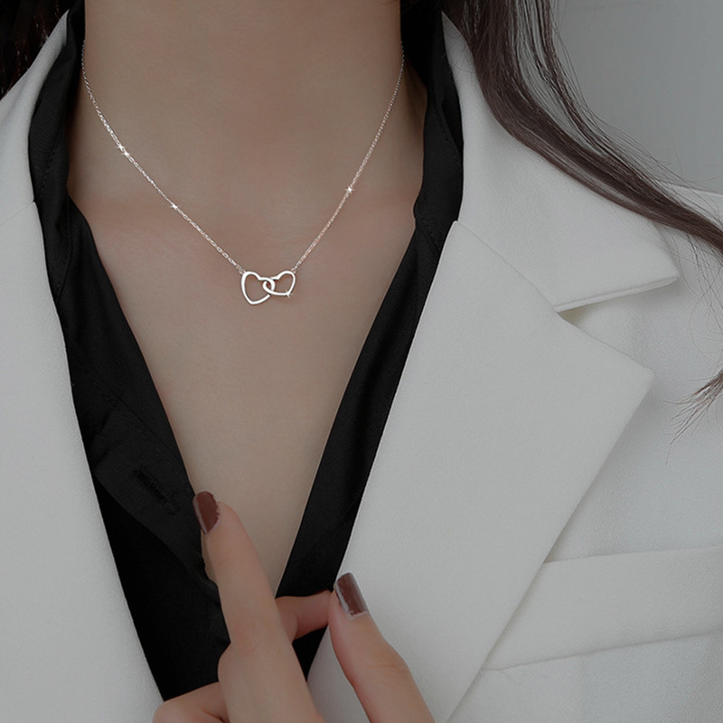 Sterling VENUS Sier Collana con ciondolo in oro a doppio cuore per le donne, moda, gioielli con ciondoli per feste di nozze_voghion.com