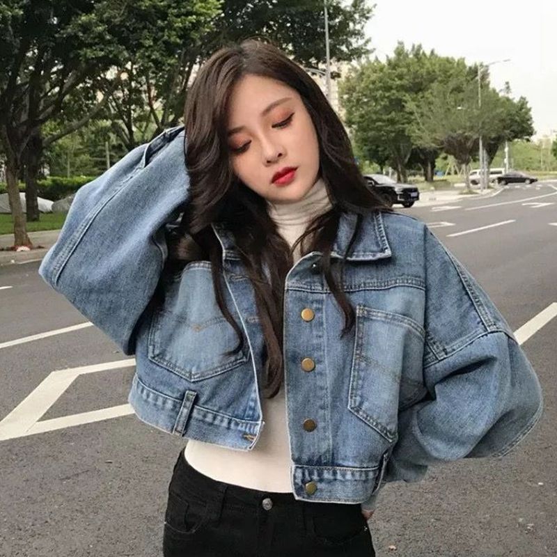 Xpqbb Abgeschnittene Jeansjacke Frauen Koreanische Mode Zurück Split Buttons Up Bomberjacke Weibliche Revers Langarm Jeans Mäntel_voghion.com
