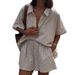 Women's Clothing Striped Short Sleeved Shirt And Shorts Suit Loose Single Breasted Top High Waist Shorts Two Piece Suit_voghion.com