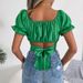 Damen Casual Kurzarm Chiffon Bluse Crop Top mit Bindegürtel_voghion.com