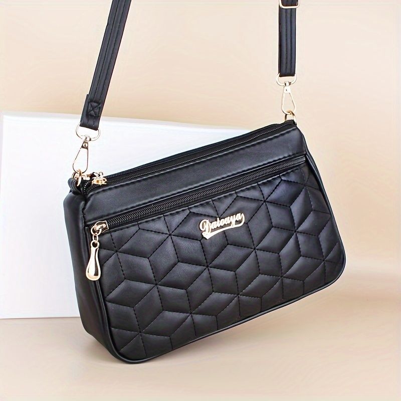 Borsa a tracolla nera con motivo geometrico minimalista, borsa a tracolla con cerniera per tutte le partite da donna_voghion.com