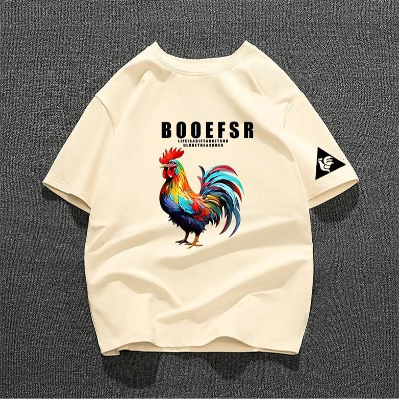 Trendiges Kurzarm-T-Shirt mit französischem Hahn für Herren, lockerer Trend, Rundhalsausschnitt, lässig, vielseitig bedruckt, reine Baumwolle_voghion.com