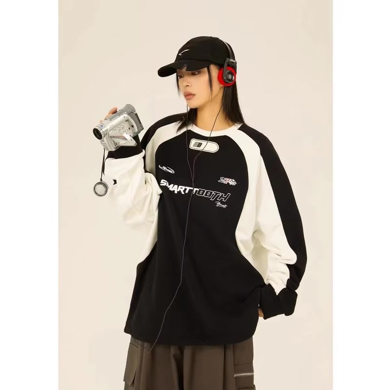 Dames retro hoodless hip-hop splicing losse oversized race sweatshirt dames herfst en winter casual top_voghion.com