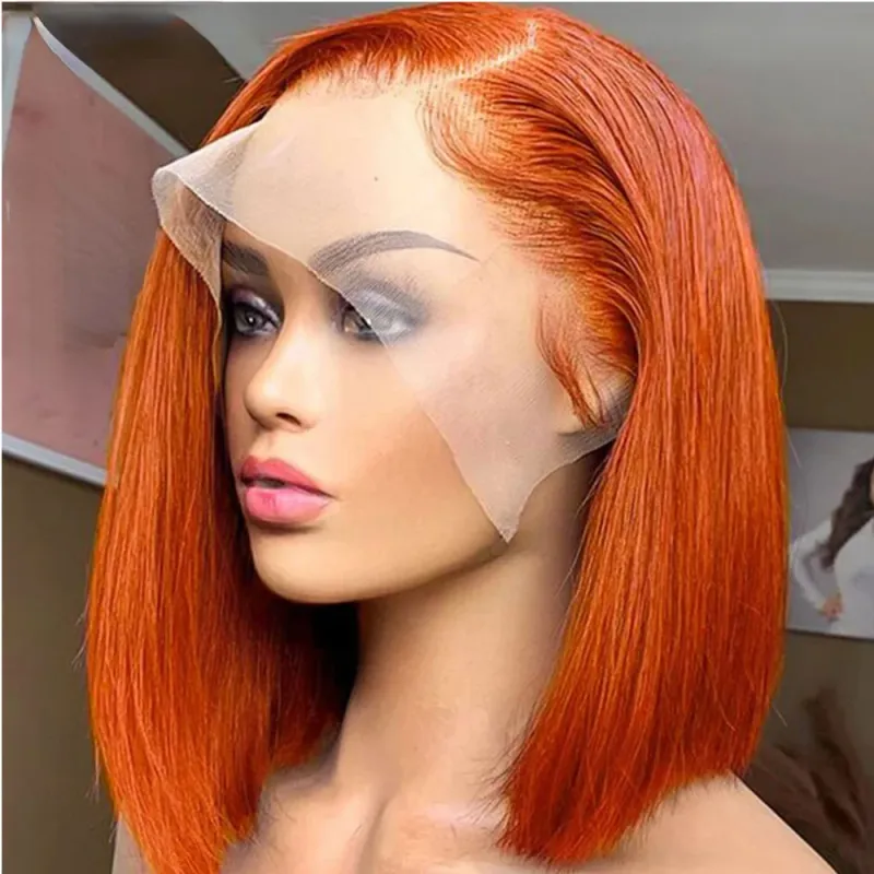 Ingwer-Orange, glatte Bob-Perücke aus Remy-Haar für Frauen, 13 x 4 Zoll, Lace-Front, Echthaar_voghion.com