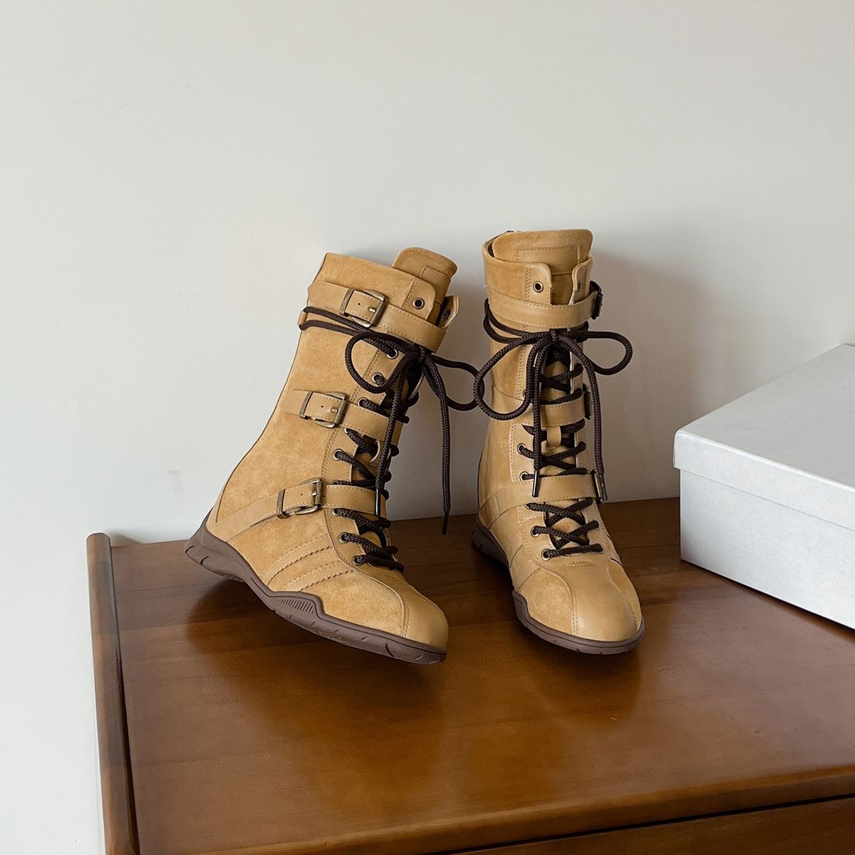 Women Boxing Boots Cowhide Version~5Cm Height-Increasing Thick-Soled Boxing For Women Upgraded Version Duck Hunting Belt Buckle Design_voghion.com