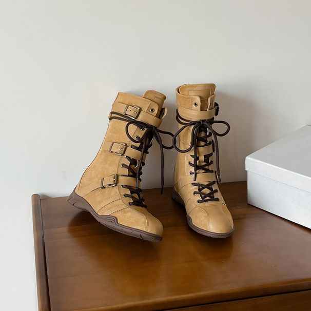 Women Boxing Boots Cowhide Version~5Cm Height-Increasing Thick-Soled Boxing For Women Upgraded Version Duck Hunting Belt Buckle Design_voghion.com