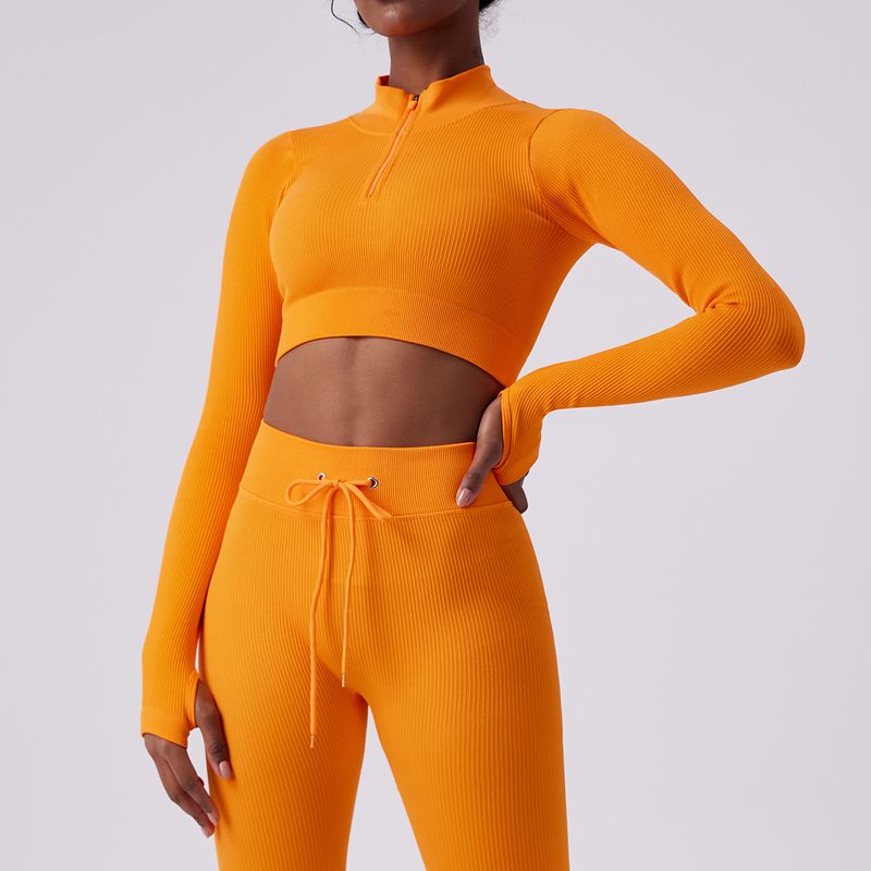 Women's Clothing Quick Drying Elastic Seamless Yoga Wear Long Sleeved Tops For Women With Elastic Zipper Sports Fitness Clothes_voghion.com