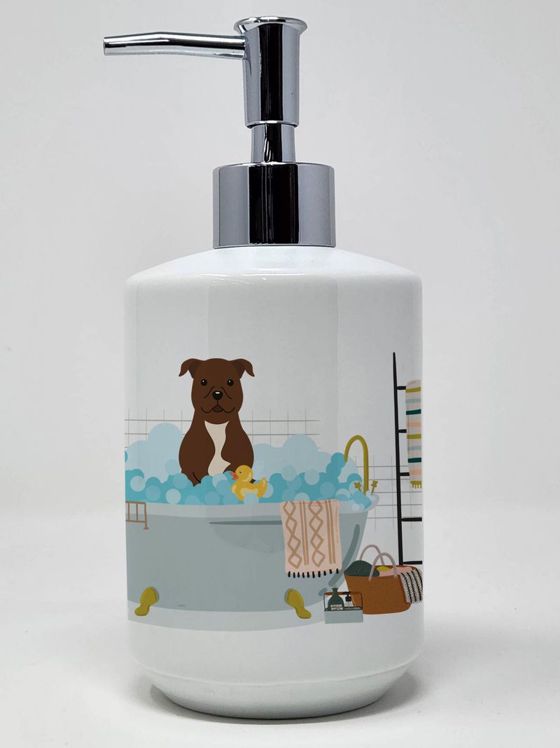 NEW Chocolate Staffordshire Bull Terrier in Bathtub Ceramic Soap Dispenser Hand Soap Dispenser Pump Bottles for Bathroom Kitchen, Empty Refillable Liq_voghion.com