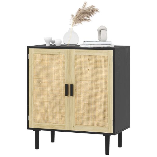 HOMCOM Bohemian Sideboard, 31.5' Buffet Cabinet With 2 Rattan Doors And Shelves For Living Room, Hallway, Black_voghion.com