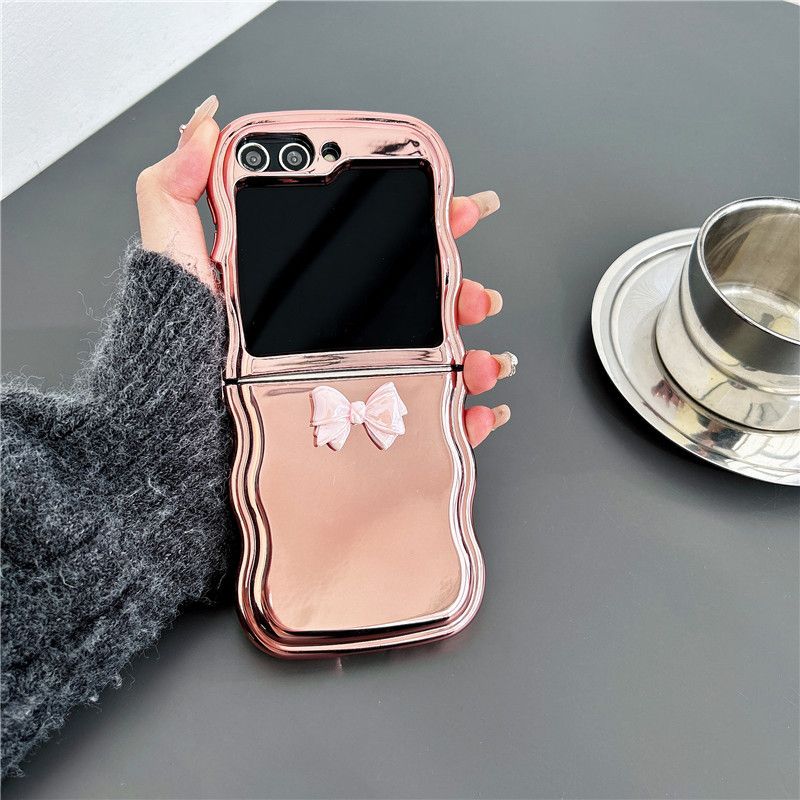 Solid color electroplated bow for galaxy zflip3/4 phone case Samsung 5 generation folding protective case bracelet_voghion.com