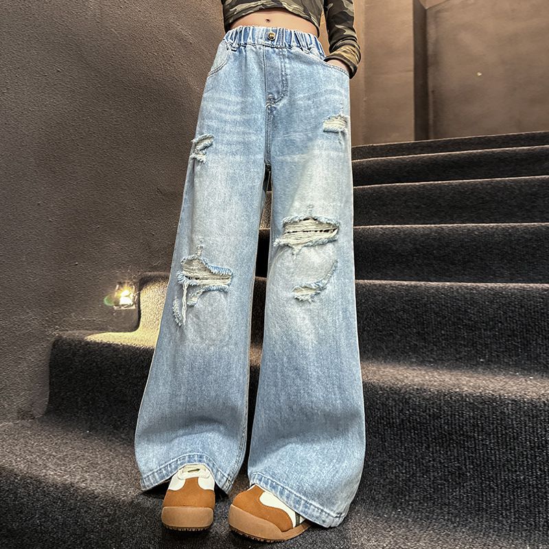 Kız Kot Pantolonları Orta ve Büyük Çocuklar İçin Yeni Modeller Gevşek Düz Tüp Moda ve Şık Yırtık Uzun Rahat Pantolon_voghion.com
