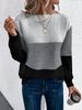 Women's Long Sleeve Knit Sweater With Color Block Design, Round Neck, Loose Fit, Thick Warm Pullover For Casual Wear_voghion.com