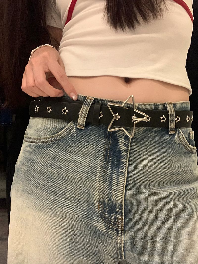 Xinhelp Casual Fashion All-Matching Five-Pointed Star PU Leather Minimalist Retro Wide Edge Adjustable Pin Buckle Belt_voghion.com