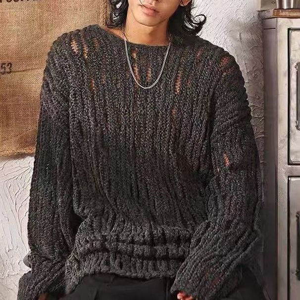 Men's Clothing Menswear Autumn New Stretch Hollow Slightly See Through Sweater Men's Long Sleeve Loose Versatile Sweater Men's_voghion.com