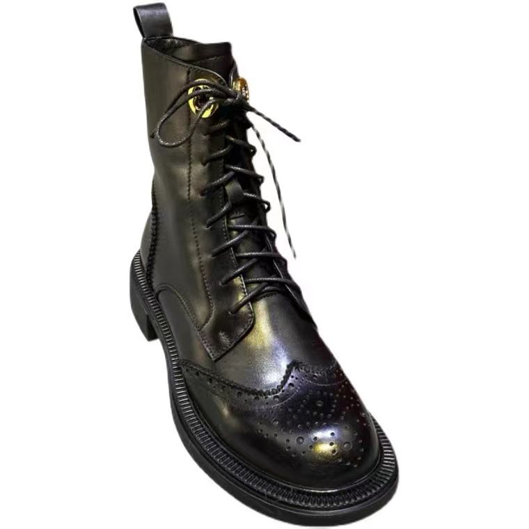 Winter Martin Round Toe Carved Leather Flat Short Front Lace-Up Low Heel British Style Fleece Lined Women's Boots_voghion.com