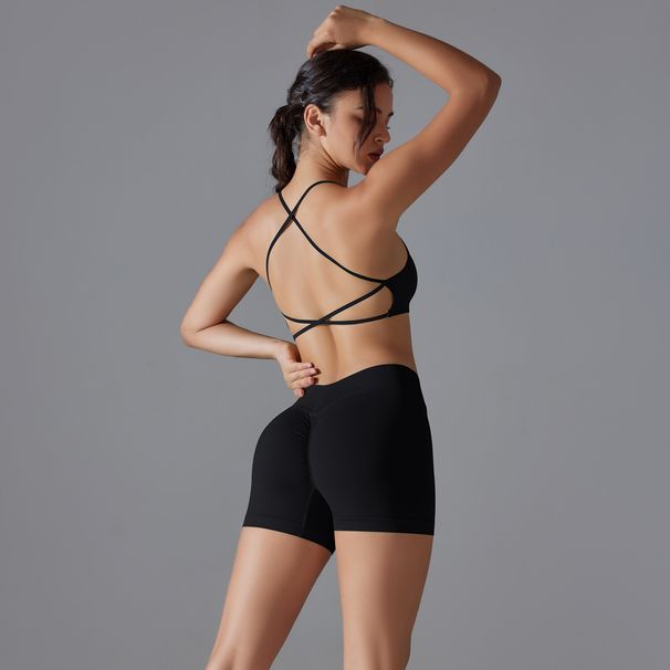 New Seamless Solid Color Cross Back High Elastic Tight Sports Bra Yoga Running Fitness Two-Piece Set_voghion.com