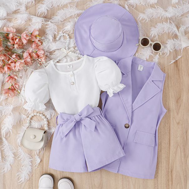 Djevojački set za ljeto 2024. - top s mjehurićastim rukavima + jednobojne kratke hlače + kaput bez rukava + šešir_voghion.com