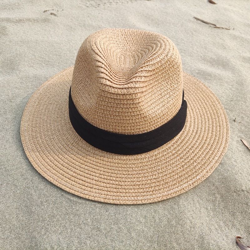 Cross-border hot selling black belt panama hat resort beach british sir panama raffia straw hat_voghion.com