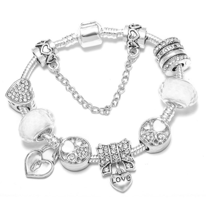 Hot Selling Sier Color Four-leaf Clover Charm Pan Family Beaded DIY Unisex Bracelet_voghion.com