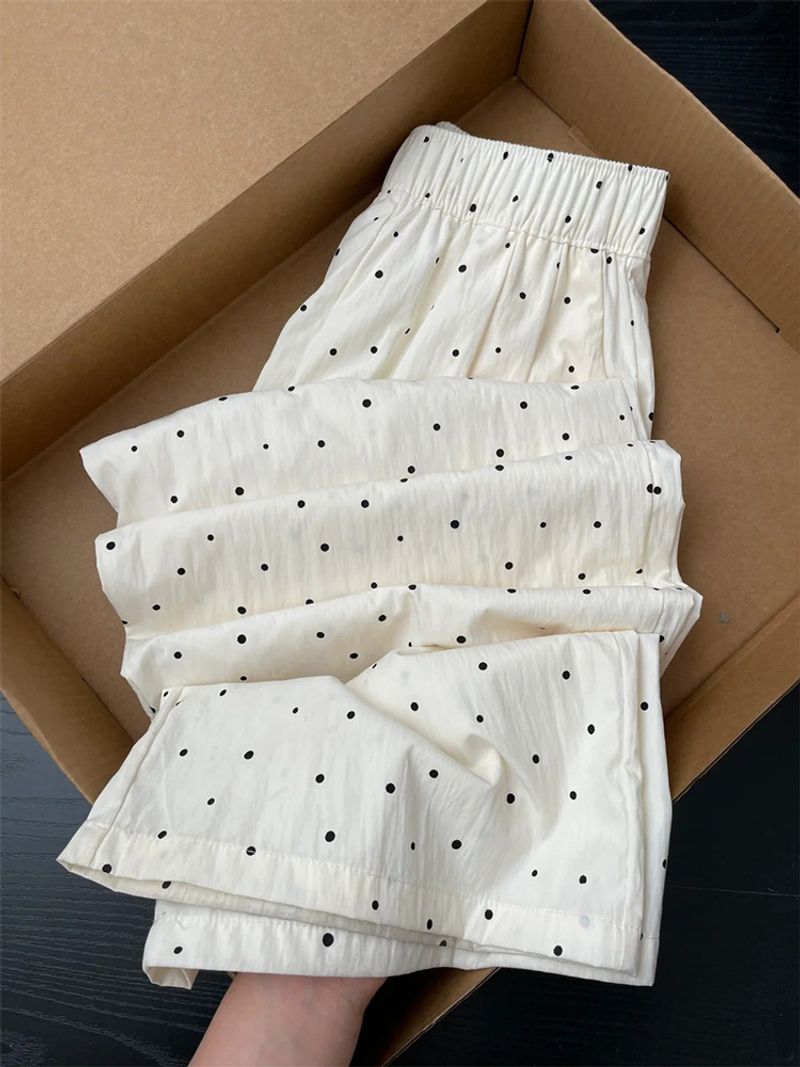 1495 # Witte stippen casual wijde pijpen voor vrouwen, klein en los, lui, hangende hoge taille ijs zijde Yamamoto broek_voghion.com