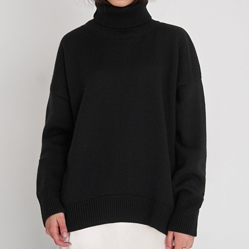 Women's solid color turtleneck loose knit with classic sweater_voghion.com