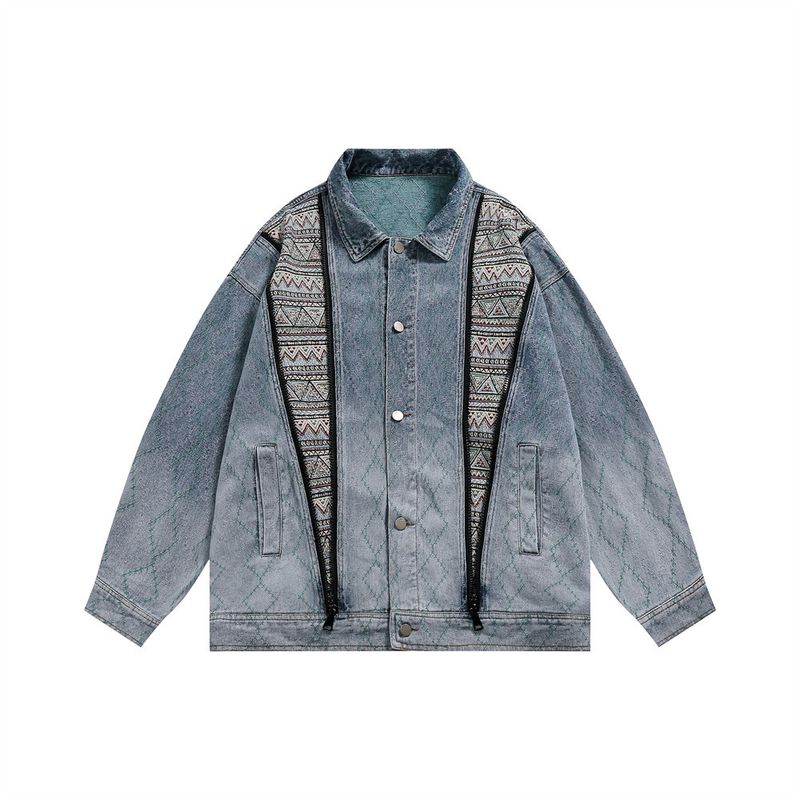 Giacca in denim da uomo effetto consumato con jacquard etnico e tintura sfumata - Cappotto a maniche lunghe in stile punk, vestibilità ampia, stile casual_voghion.com