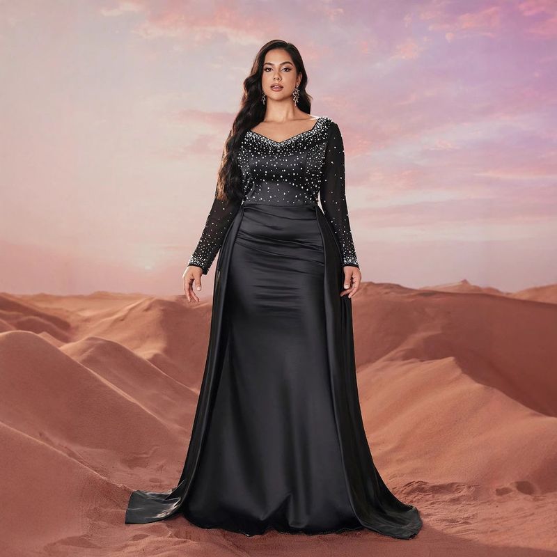 Robe de bal grande taille pour femme, élégante, en satin, faite à la main, avec perles, diamants chauds, manches longues, cape, robe Fmgn1616_voghion.com
