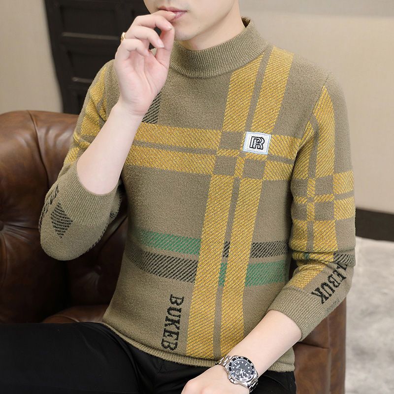 Pull à col mi-haut pour hommes en automne et en hiver, chemise à col mi-haut, tricot haut de gamme en jacquard rayé, neuf_voghion.com