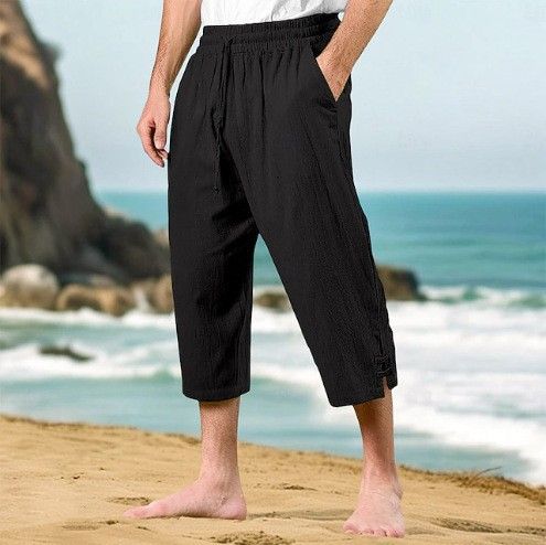 Pantaloni da uomo in cotone e lino, estivi, casual, da spiaggia, con coulisse in vita, elastici, comodi e traspiranti, a gamba dritta_voghion.com