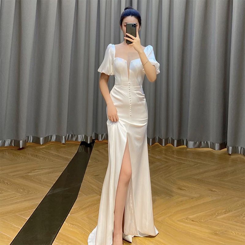 Bridal satin light wedding dress forest style super fairy dream 2024 new simple welcome yarn white French dress temperament_voghion.com