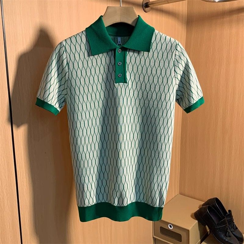 Men's Clothing Light Luxury Men's Plaid Ice Silk Knitted Short Sleeved Lapel T Shirt Men's Summer Slim Breathable Half Sleeved Casual Polo_voghion.com