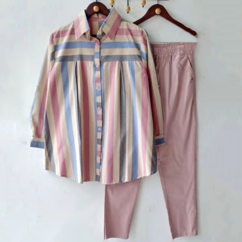 Naisten kevät- ja syksyinen, suurikokoinen, löysä, paksu MM-raidallinen kaulus, pitkähihainen, muotiurheilupuku, kaksiosainen puku_voghion.com