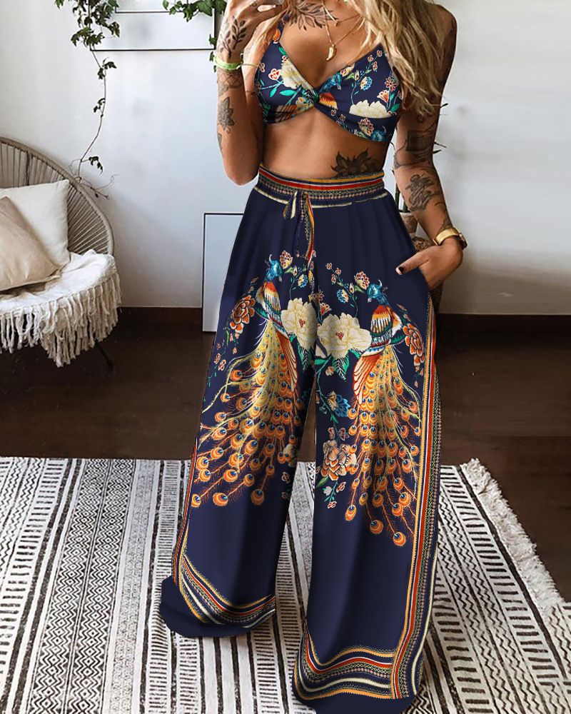 Dameskleding Pull Print Twisted Wide Leg Broek Tweedelige Set_voghion.com