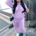 Completo da donna con felpa con cappuccio in pile, tasca a marsupio e jogger - Completo streetwear in due pezzi con stampa di lettere (S-XXXL, azzurro/viola/lavanda)_voghion.com