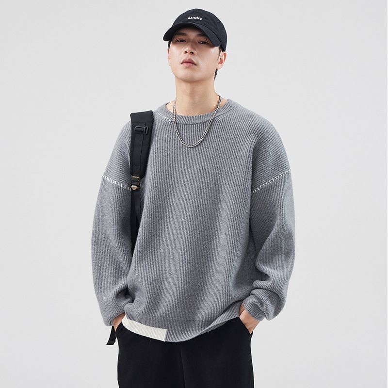 Grau High-End-Pullover für Männer Neue Herbst Winter Patchwork Warm Lose Rundhals Pullover Strickwaren_voghion.com